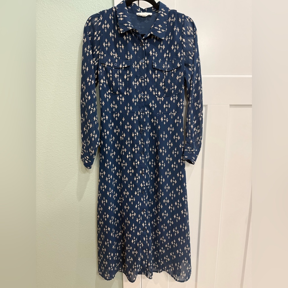Lucky Brand Navy Diamond Print Long Sleeve Dress